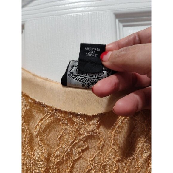 Angie Tan Stretchy Boho Flare Lace Overlay Long Bell Sleeve Dress - Size Medium - Picture 5 of 6